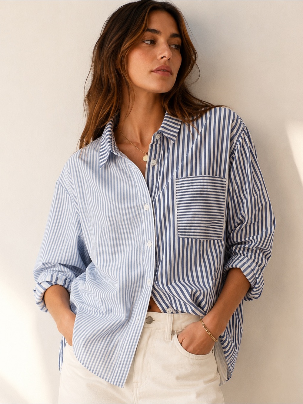 Weekend Los Angeles | Contrast Stripe Button-Down Shirt - Blue/White NWOT